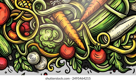 Vegetables cartoon vector doodle background. Veggies banner design. Nature elements and objects illustration. Bright colors funny picture.