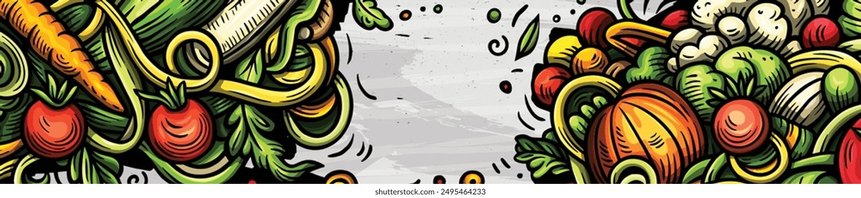 Vegetables cartoon vector doodle background. Veggies banner design. Nature elements and objects illustration. Bright colors funny picture.