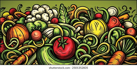 Vegetables cartoon vector doodle background. Veggies banner design. Nature elements and objects illustration. Bright colors funny picture.