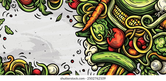 Vegetables cartoon vector doodle background. Veggies banner design. Nature elements and objects illustration. Bright colors funny picture.