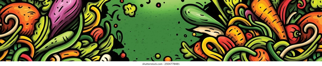 Vegetables cartoon vector doodle background. Veggies banner design. Nature elements and objects illustration. Bright colors funny picture.