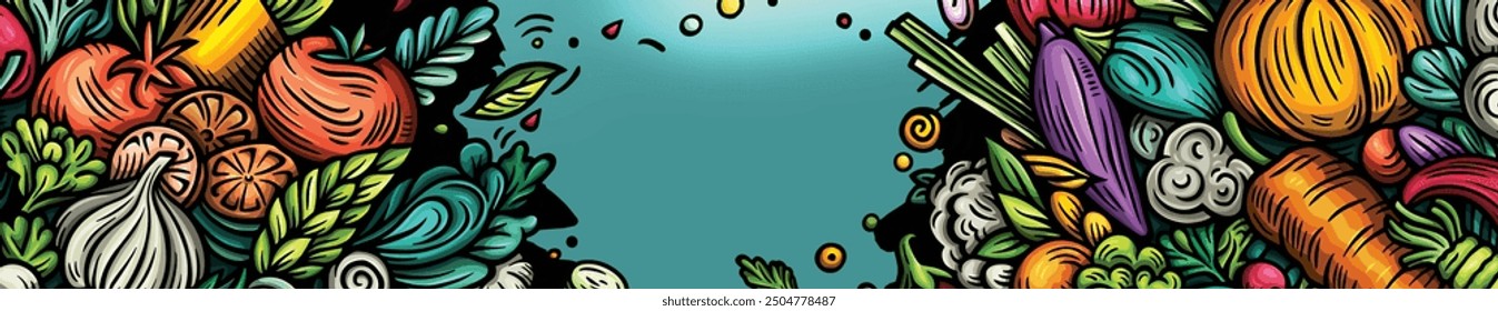 Fondo de doodle de Vector de dibujos animados de verduras. Diseño de Anuncio de verduras. Ilustración de Elementos y objetos de Naturaleza. Colores brillantes imagen divertida.
