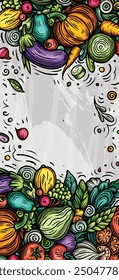 Vegetables cartoon vector doodle background. Veggies banner design. Nature elements and objects illustration. Bright colors funny picture.