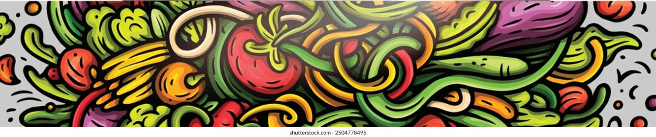Vegetables cartoon vector doodle background. Veggies banner design. Nature elements and objects illustration. Bright colors funny picture.