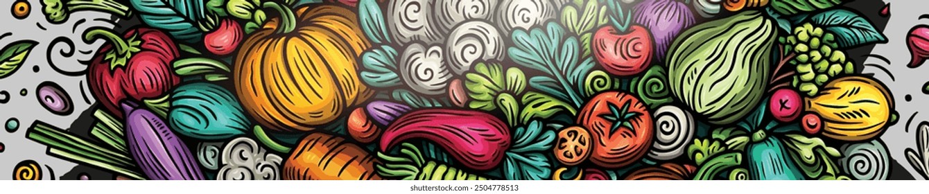 Vegetables cartoon vector doodle background. Veggies banner design. Nature elements and objects illustration. Bright colors funny picture.