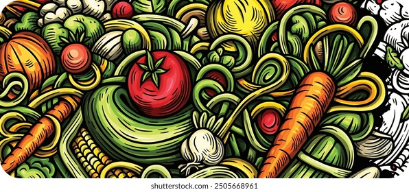 Vegetables cartoon vector doodle background. Veggies banner design. Nature elements and objects illustration. Bright colors funny picture.