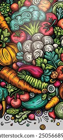 Vegetables cartoon vector doodle background. Veggies banner design. Nature elements and objects illustration. Bright colors funny picture.