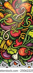 Vegetables cartoon vector doodle background. Veggies banner design. Nature elements and objects illustration. Bright colors funny picture.