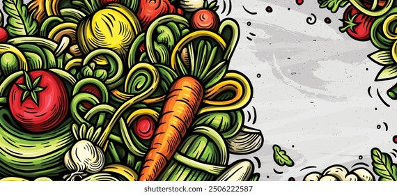 Vegetables cartoon vector doodle background. Veggies banner design. Nature elements and objects illustration. Bright colors funny picture.