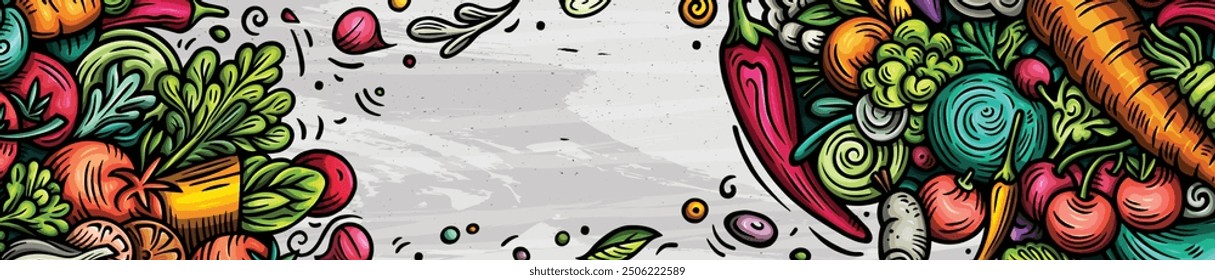 Vegetables cartoon vector doodle background. Veggies banner design. Nature elements and objects illustration. Bright colors funny picture.