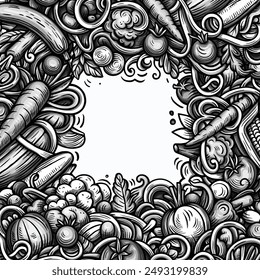 Gemüse Cartoon Vektorgrafik Doodles Rahmen. Veggies-Randgestaltung. Natur Elemente und Objekte Hintergrund. Schwarzweiß lustiges Bild.