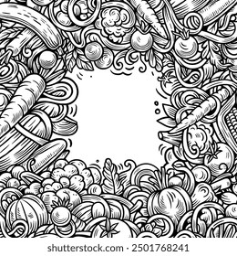 Vegetables cartoon vector doodles frame. Veggies border design. Nature elements and objects background. Sketchy funny picture.