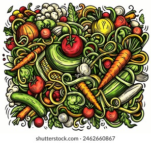 Vegetables cartoon vector doodles illustration. Nature food elements and objects background. Bright colors funny veggies picture