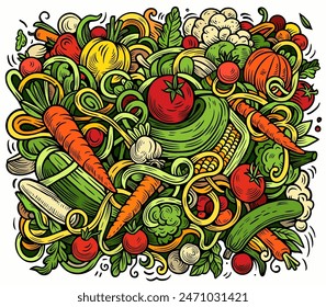 Ilustración de garabatos de Vector de dibujos animados de vegetales. Fondo de Elementos y objetos de comida de Naturaleza. Colores brillantes divertidas imágenes de vegetales