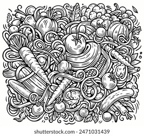 Vegetables cartoon vector doodles illustration. Nature food elements and objects background. Line art funny veggies picture