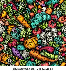 Vegetables cartoon vector doodles seamless pattern. Nature food elements and objects background. Bright colors funny veggies picture