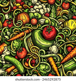 Vector de dibujos animados de verduras garabatos patrón sin fisuras. Fondo de Elementos y objetos de comida de Naturaleza. Colores brillantes divertidas imágenes de vegetales