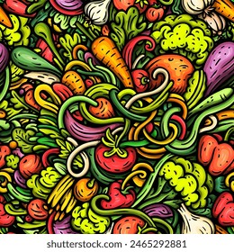 Vegetables cartoon vector doodles seamless pattern. Nature food elements and objects background. Bright colors funny veggies picture