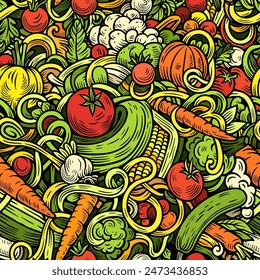 Vector de dibujos animados de verduras garabatos patrón sin fisuras. Fondo de Elementos y objetos de comida de Naturaleza. Colores brillantes divertidas imágenes de vegetales