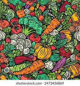 Vegetables cartoon vector doodles seamless pattern. Nature food elements and objects background. Bright colors funny veggies picture