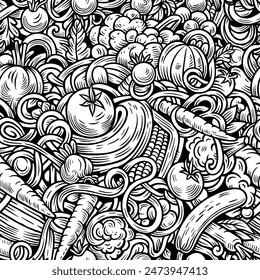 Vegetables cartoon vector doodles seamless pattern. Nature food elements and objects background. Line art funny veggies picture