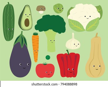 Vegetables cartoon vector illustration. Happy greens. Healthy, garden fresh, diet, organic set of icons.