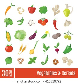 Vegetables and cereals infographic icons set. Healthy food vector icons. Vegetarian and vegan food. 