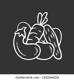 Vegetables chalk icon. Cucumber, tomato, carrot, eggplant. Healthy nutrition ingredient. Vitamin and diet. Vegetarian, vegan food. Agriculture plants. Isolated vector chalkboard illustration