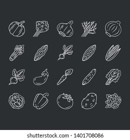 Vegetables chalk icons set. Potato, cabbahe, carrot, pepper. Soup and salad ingredients. Vitamin and diet. Vegan and vegeterian food. Healthy nutrition. Isolated vector chalkboard illustrations