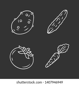 Vegetables chalk icons set. Potato, cucumber, tomato, carrot. Vitamin and diet. Healthy nutrition ingredient. Vegan and vegetarian food. Isolated vector chalkboard illustrations