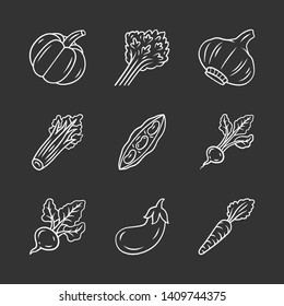 Vegetables chalk icons set. Pumpkin, beet, corn, tomato, pepper, carrot. Vitamin and diet. Healthy nutrition. Vegan and vegetarian food. Isolated vector chalkboard illustrations