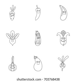 Vegetables character icon set. Outline set of 9 vegetables character vector icons for web isolated on white background