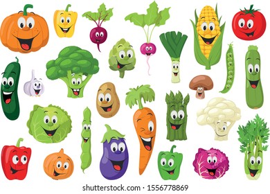 Colección Caracteres de vegetales: Conjunto de 26 verduras diferentes al estilo de las caricaturas Ilustración vectorial