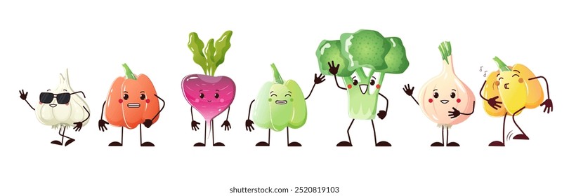 Vegetables Characters Collection. Set different vegetables in cartoon kawaii style in series. Vector illustration isolated bright veggies