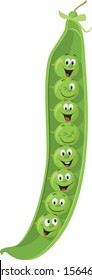 Vegetables Characters Collection: Vector illustration of a funny and smiling green peas in cartoon style.