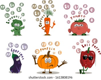 Vegetables as characters with funny faces and lists of vitamins they contain. Vector illustration.