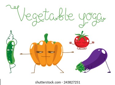 Vegetables characters practicing yoga asana set vector illustration