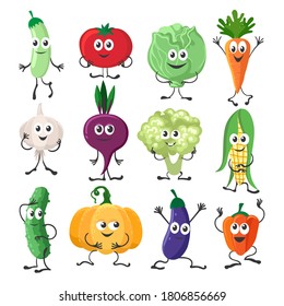 Caracteres de verduras establecidos. Caricatura mascotas graciosas de la granja, concepto de vitaminas orgánicas, risas verduras felices como pimientos y zanahoria, brócoli y zucchini aislados en fondo blanco
