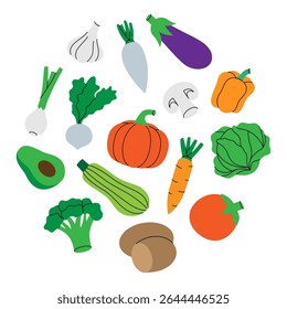 Vegetables in circle design. Carrot, tomato, mushroom, bell pepper, avocado, pumpkin, broccoli, cabbage, turnip, eggplant. Fresh organic vegetables.