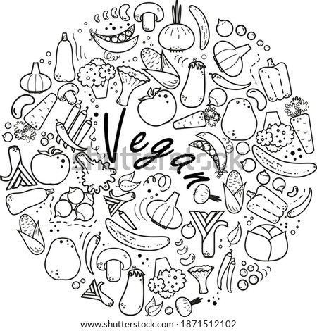 Vegetables in a circle with lettering. Vegan lettering. Vegetable flat infographics. Organic farm symbols. White background. Vegan food. Vegeterian food. Healthy food.