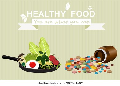 Vegetables. clean food. Cartoon Breakfast. Drugs and supplements. vector illustration