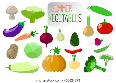 Vegetables clip art in flat style on white. Vegetables stickers, design elements or icons. Set of summer vegetables: mushroom, eggplant, tomato, cucumber, onion, garlic, pepper, avocado, cabbage
