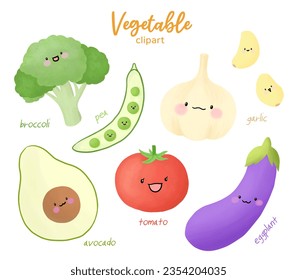 Ilustraciones de imágenes prediseñadas de verduras. (Broccoli, Peas, Ajo, Aguacate, Tomate, Ogavante)