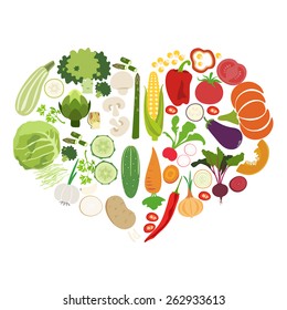 Vegetables collected in the form of the heart as a symbol of healthy eating