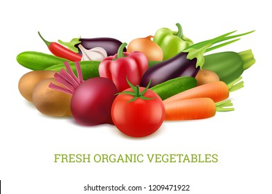 Vegetables collection 3d. Organic vegan healthy food nutrition vector realistic pictures. Food vegetarian, vegetable tomato and eggplant, onion and carrot illustration