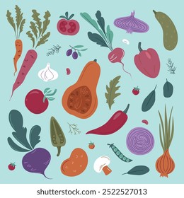 Vegetables collection in bright colors. Pumpkin, Tomato, Carrot, Onion, Radishes, Beetroot, Pepper, Garlic, Olives, Arugula, Celery, Herbs. Organic food. Farm Flat Vector Illustration