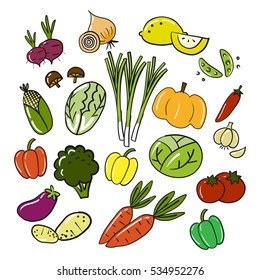Vegetables collection doodle vector on white background