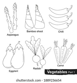Vegetables collection drawn with lines on white background for coloring book. Asparagus,bamboo shoot,chilli,eggplant,radish,carrot.vector illustration