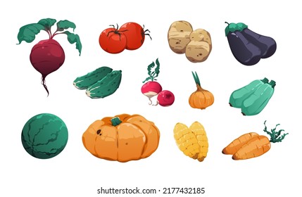 Vegetables collection. Fresh farm food highly detailed cartoon game asset of tomatoes potato pumpkin corn carrot onion cucumber. Vector organic vegan food set of food farm organic illustration