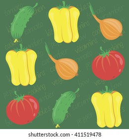 Vegetables collection. Fresh vegetables sweet pepper, cucumber, tomato and onion. Vector. Organic food illustration.